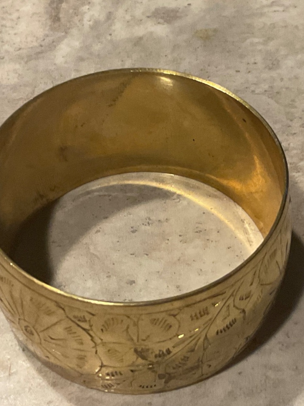 Brass Bangle Bracelet Vintage 2.75” diameter etched floral - Picture 2 of 7
